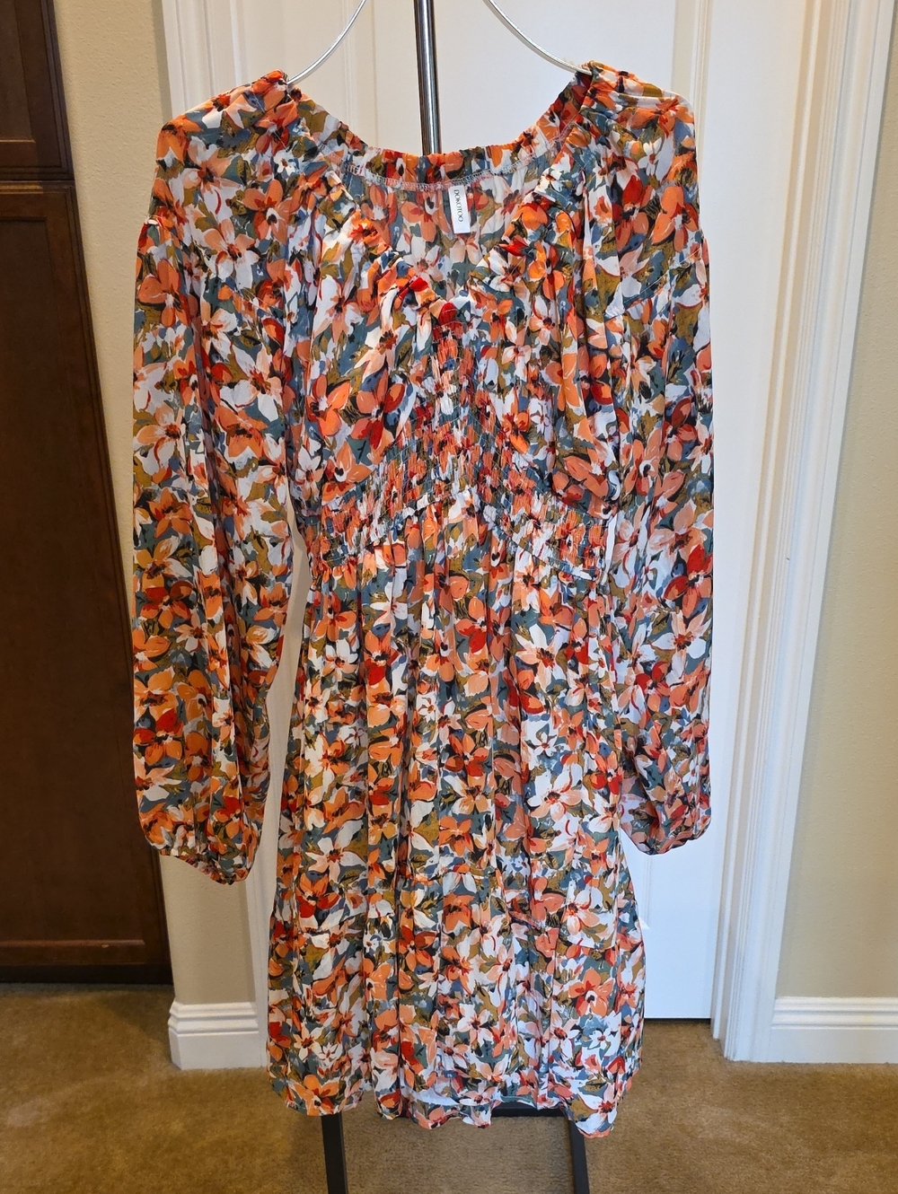 Long Sleeve Floral Tie-Neck Dress in Orange Multi - Women
